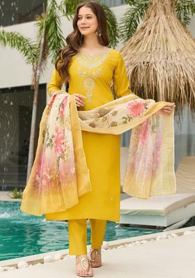 Yellow Embroidered Viscose Kurta Set