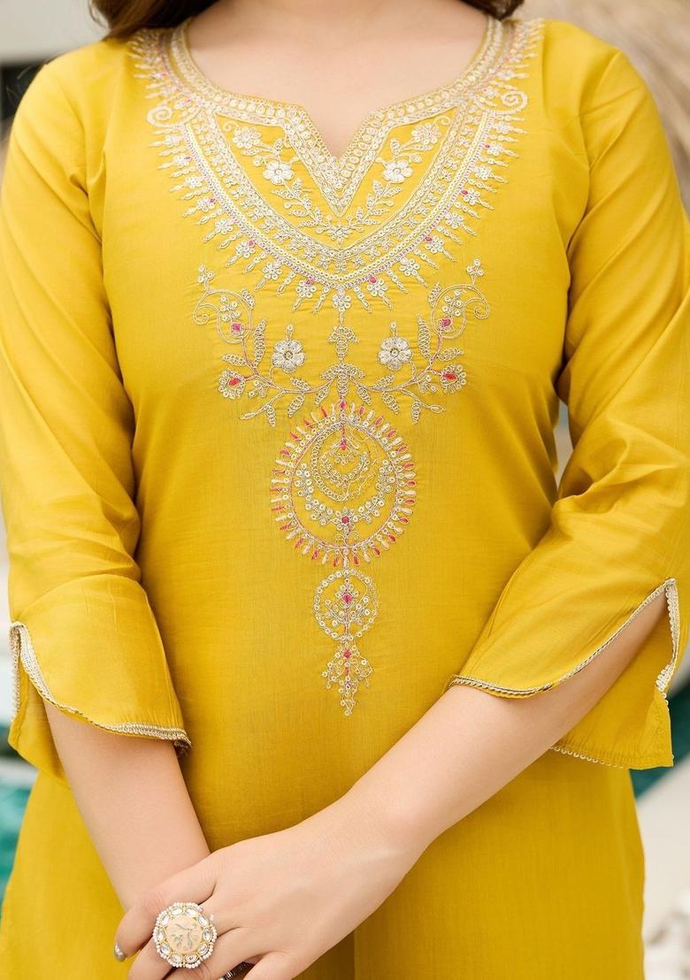Yellow Embroidered Viscose Kurta Set - Indya