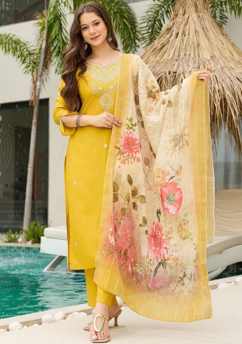 Yellow Embroidered Viscose Kurta Set - Indya