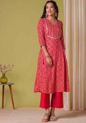Red Printed Viscose Kurta Set