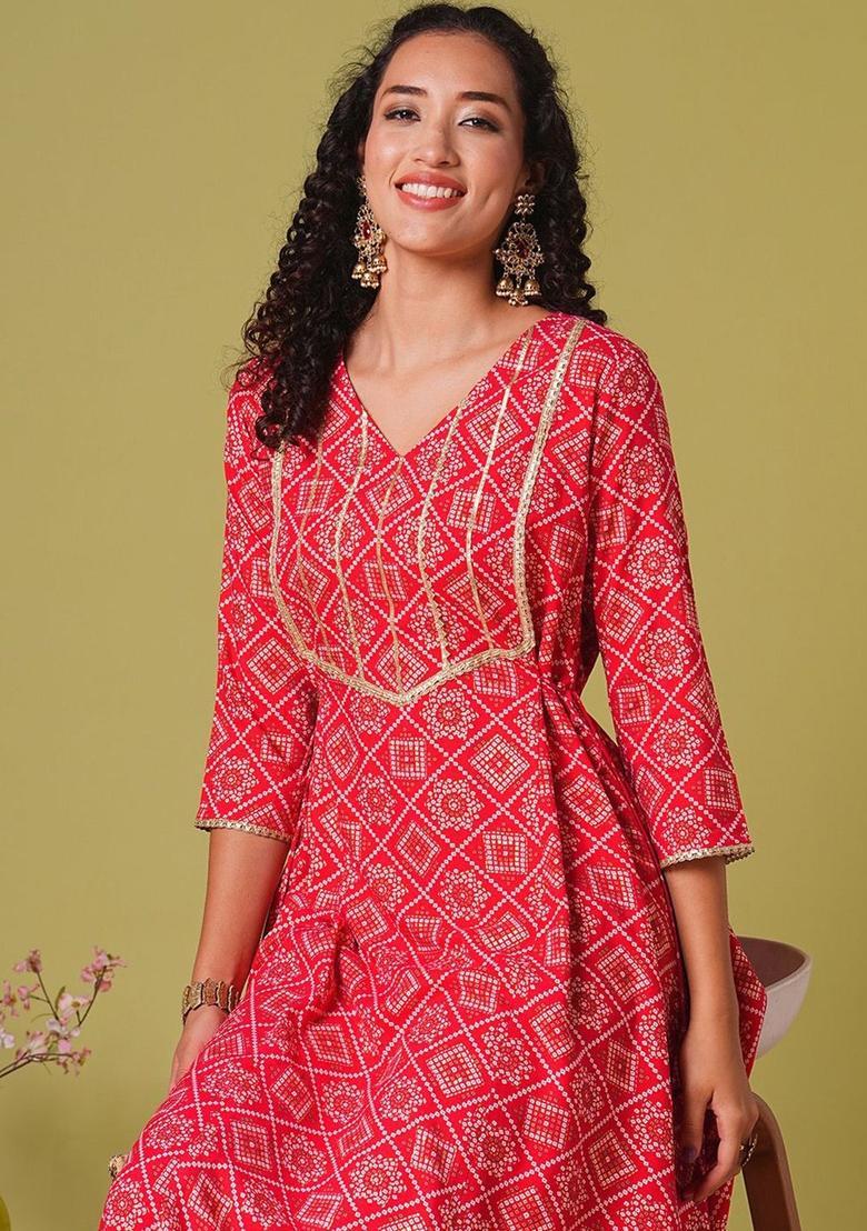 Red Printed Viscose Kurta Set - Indya