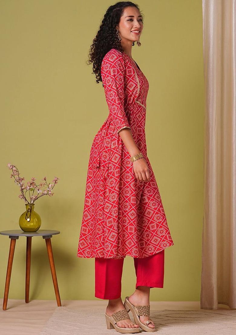 Red Printed Viscose Kurta Set - Indya