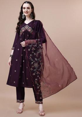 Burgundy Embroidered Silk Blend Kurta Set
