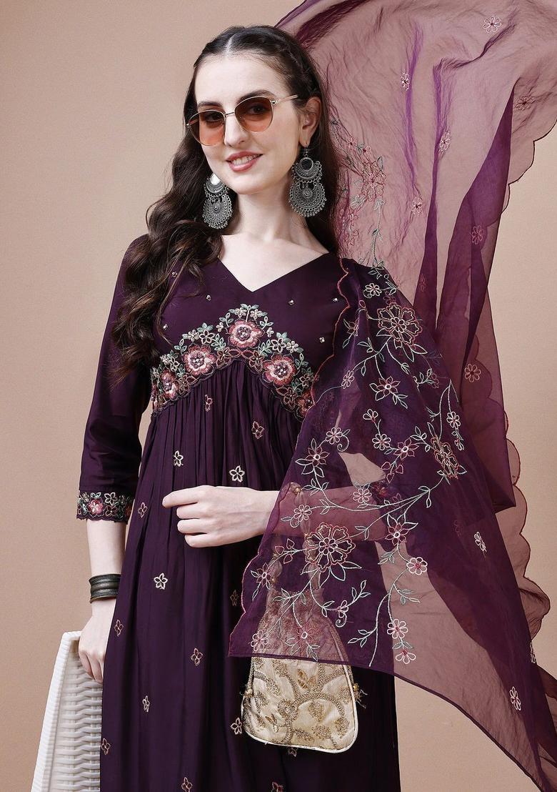 Burgundy Embroidered Silk Kurta Set - Indya