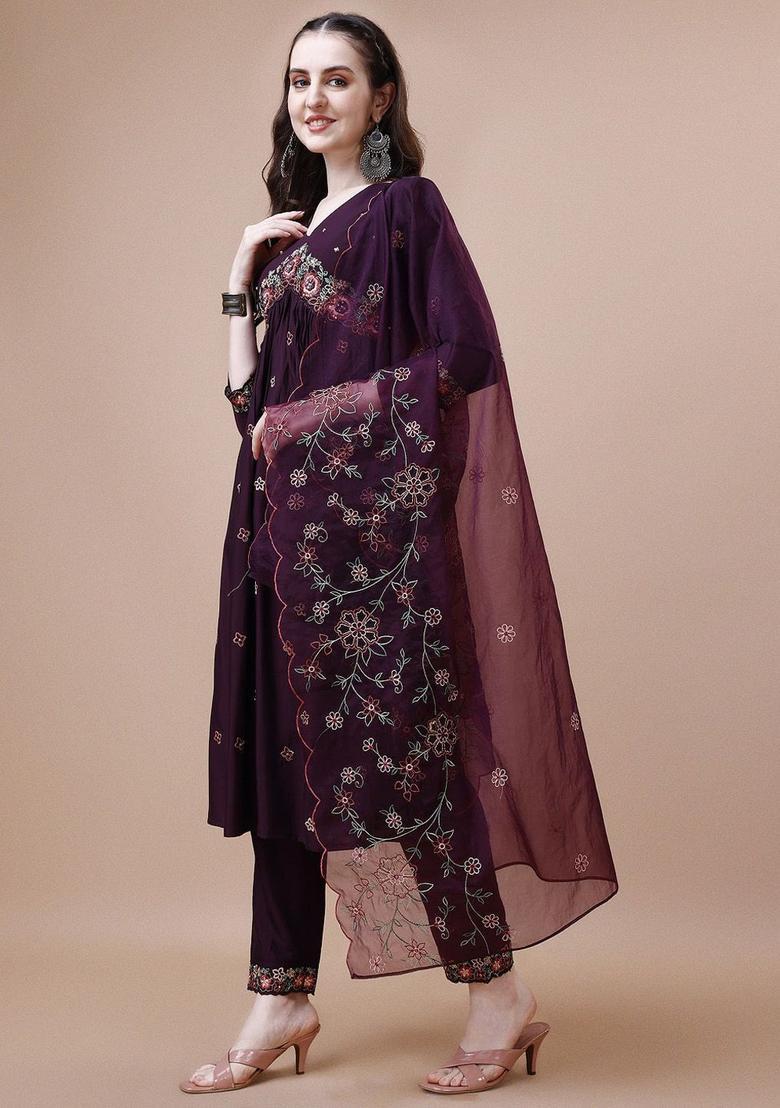 Burgundy Embroidered Silk Kurta Set - Indya