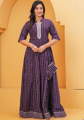 Purple Printed Cotton Kurta Set