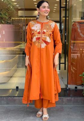 Orange Embroidered Silk Kurta Set