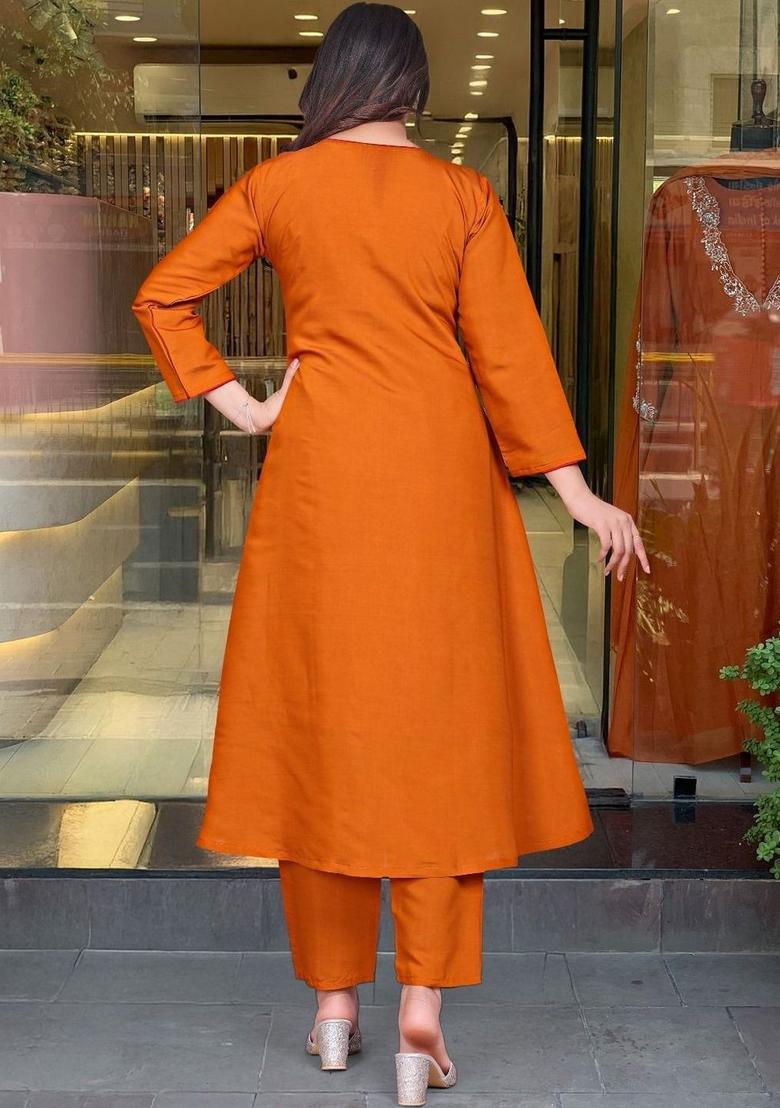 Orange Embroidered Silk Kurta Set - Indya