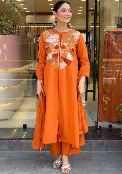Orange Embroidered Silk Kurta Set