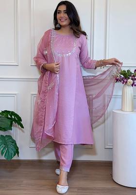 Pink Embroidered Silk Kurta Set