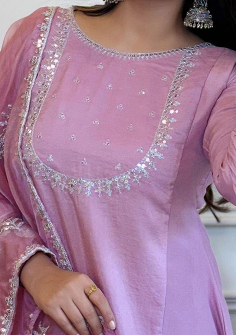 Pink Embroidered Silk Kurta Set - Indya