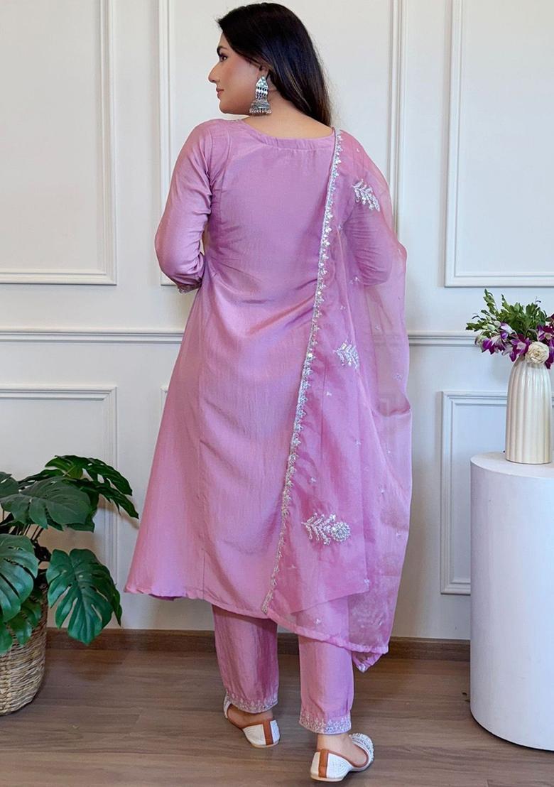 Pink Embroidered Silk Kurta Set - Indya