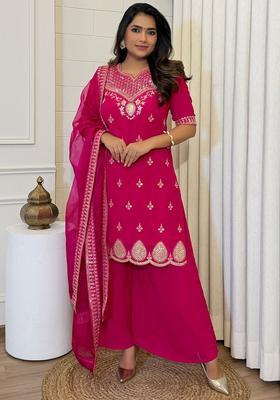 Pink Embroidered Georgette Kurta Set