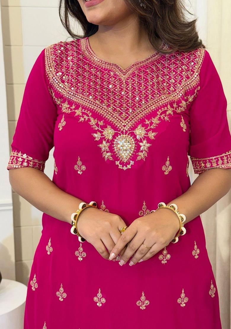 Pink Embroidered Georgette Kurta Set - Indya