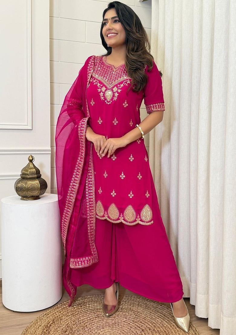 Pink Embroidered Georgette Kurta Set - Indya