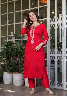 Red Embroidered Viscose Kurta Set