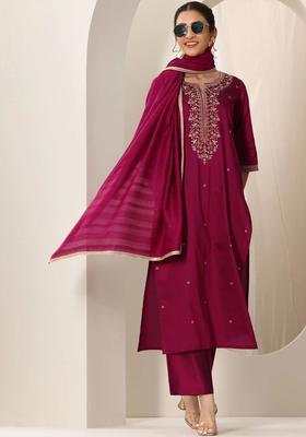 Maroon Self Design Silk Kurta Set