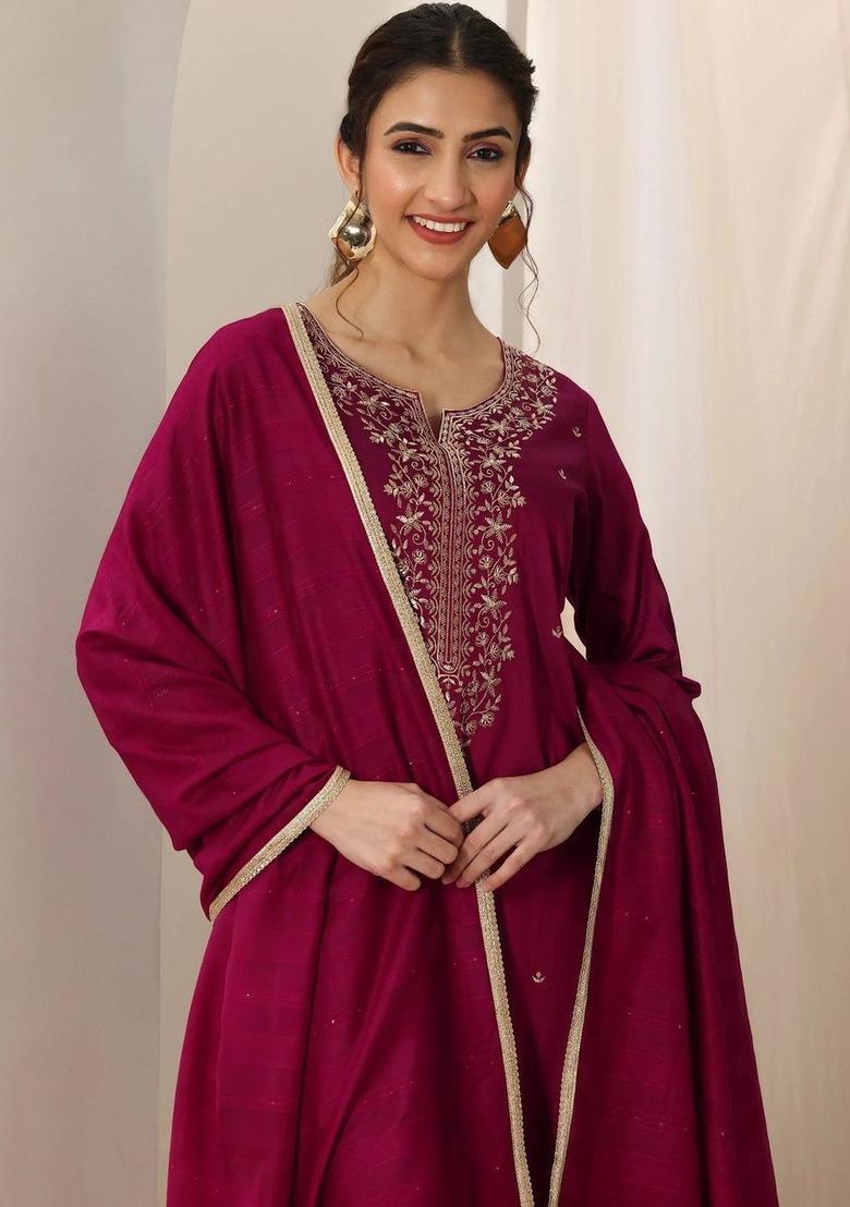 Maroon Self Design Silk Kurta Set - Indya