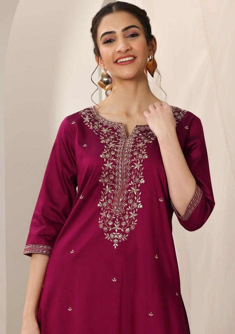 Maroon Self Design Silk Kurta Set - Indya