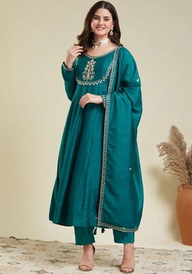 Teal Embroidered Silk Kurta Set