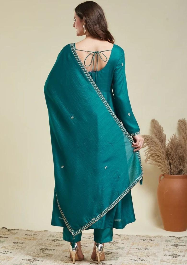 Teal Embroidered Silk Kurta Set - Indya