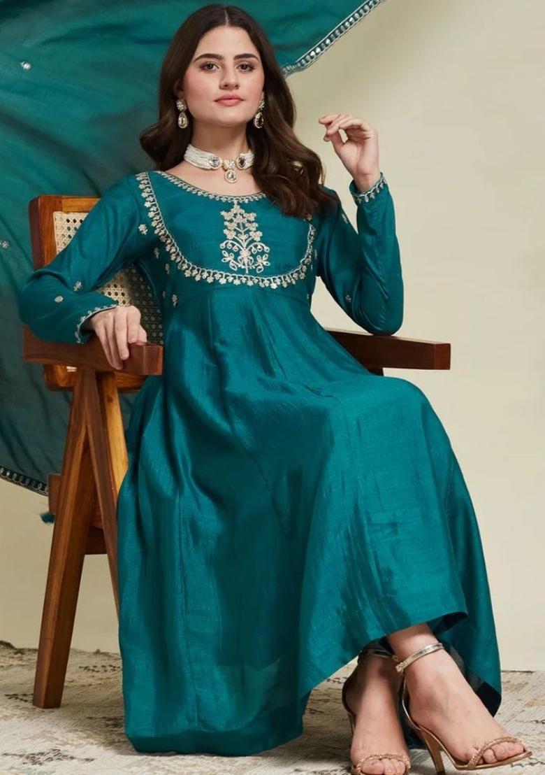Teal Embroidered Silk Kurta Set - Indya