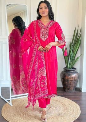 Pink Embroidered Viscose Kurta Set