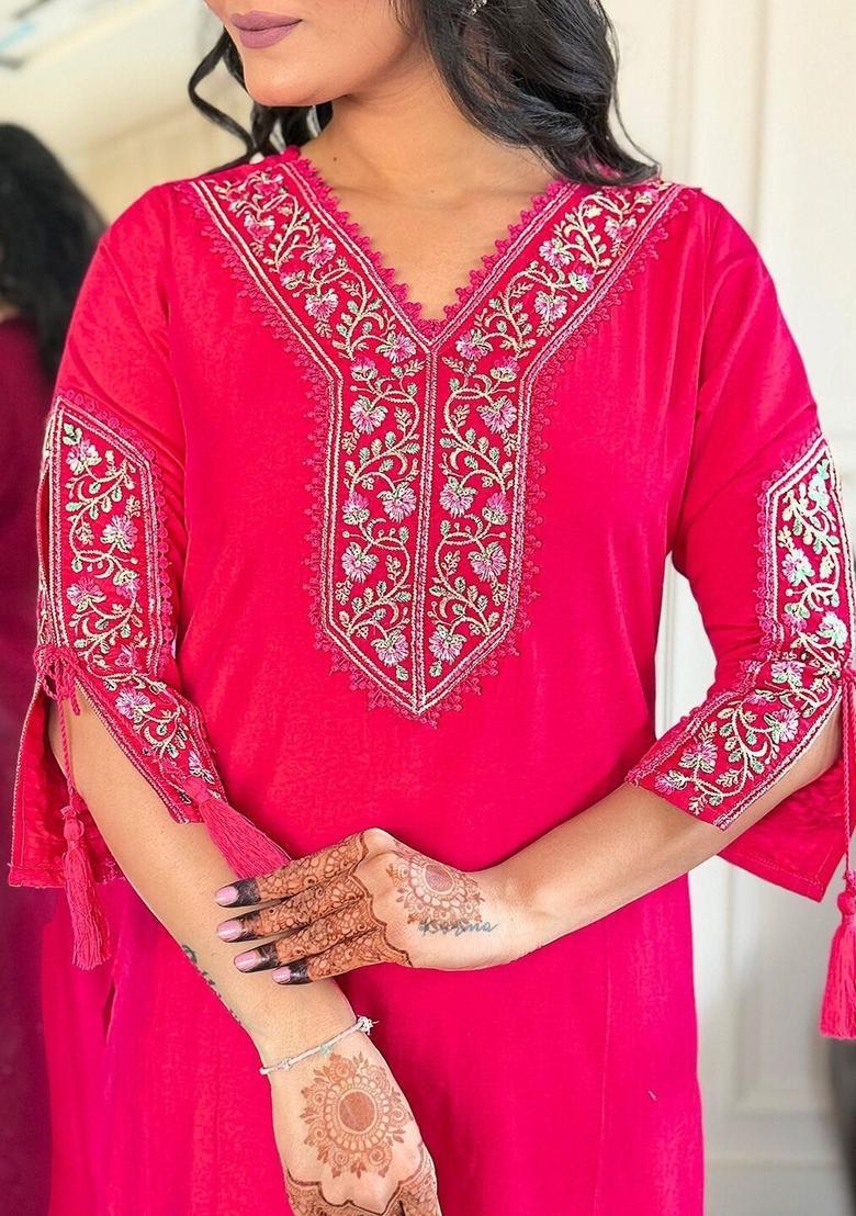 Pink Embroidered Viscose Kurta Set - Indya