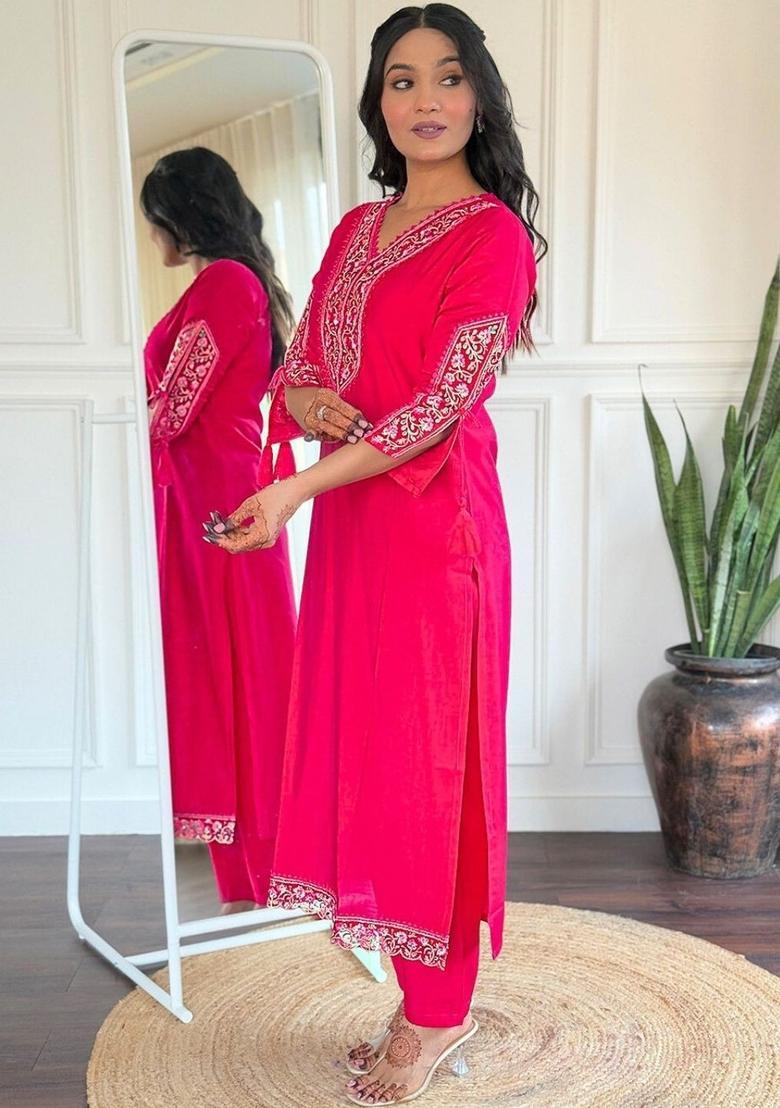 Pink Embroidered Viscose Kurta Set - Indya
