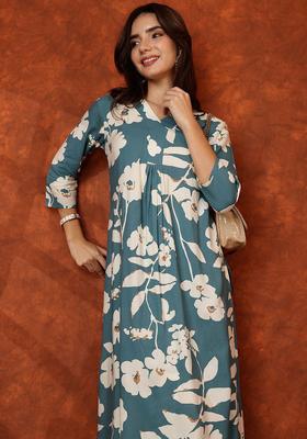 Blue Printed Viscose Kurta Set
