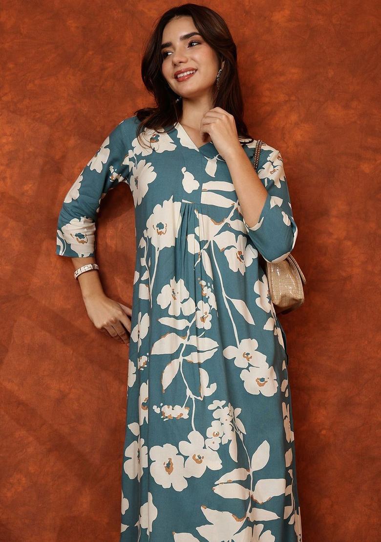 Blue Printed Viscose Kurta Set - Indya