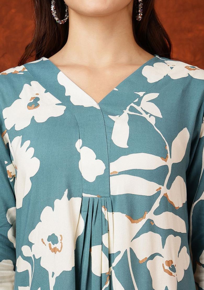 Blue Printed Viscose Kurta Set - Indya