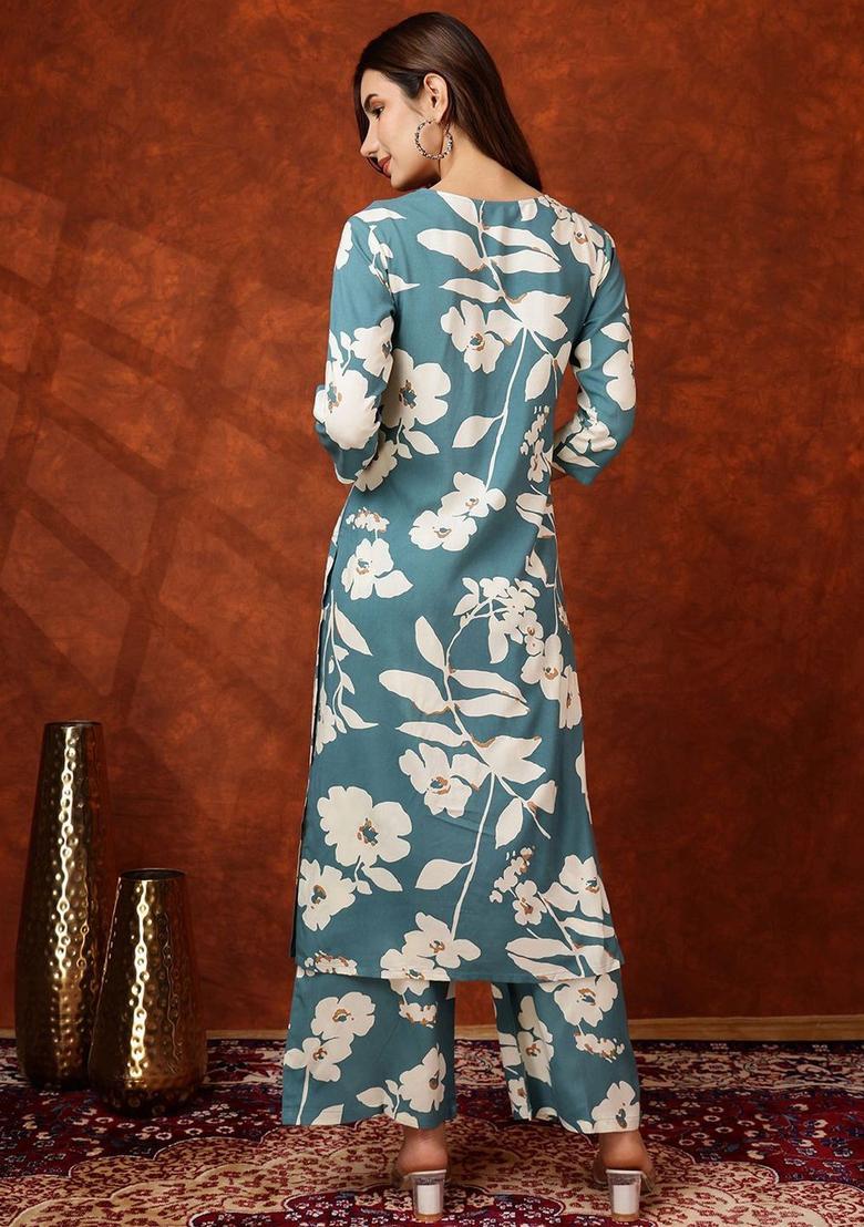 Blue Printed Viscose Kurta Set - Indya
