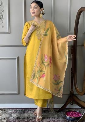 Yellow Embroidered Silk Kurta Set