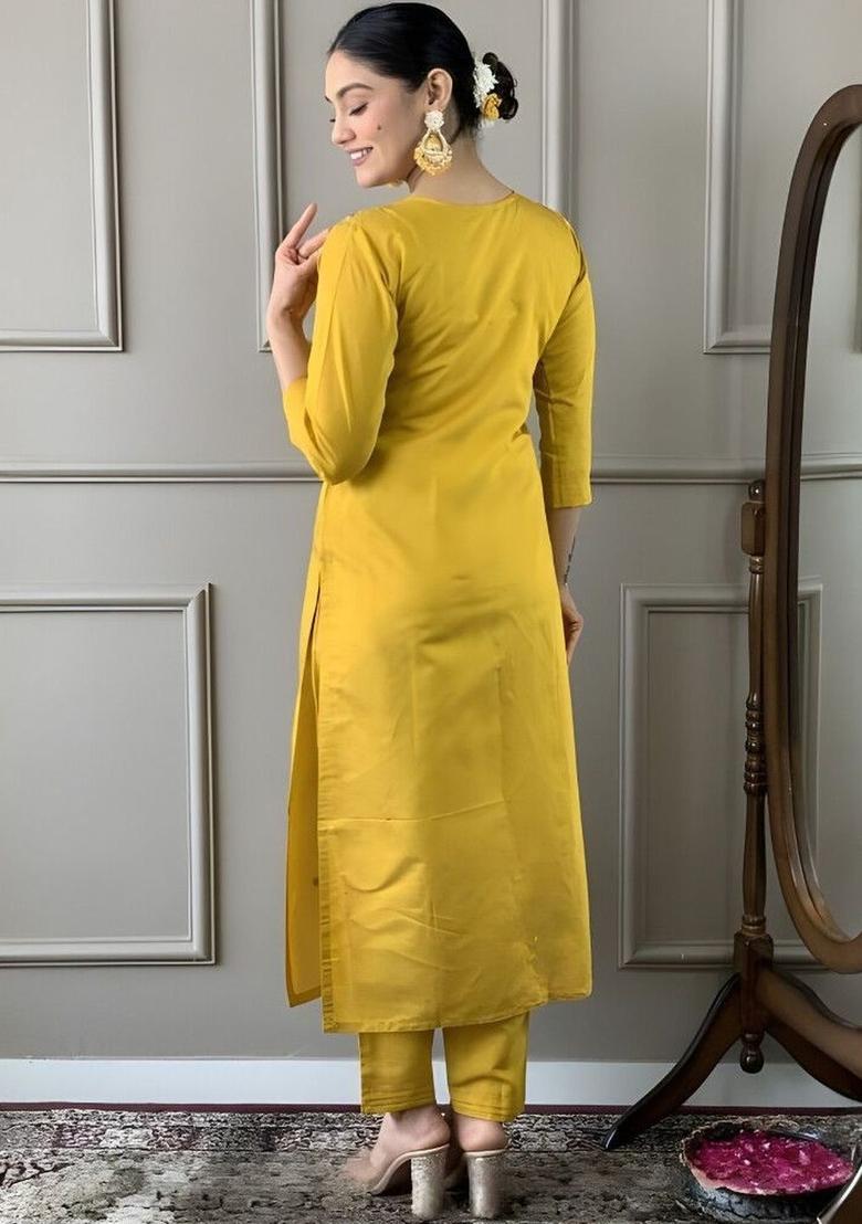 Yellow Embroidered Silk Kurta Set - Indya