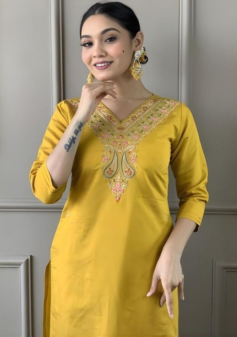 Yellow Embroidered Silk Kurta Set - Indya