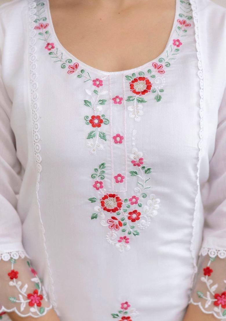 White Embroidered Silk Kurta Set - Indya