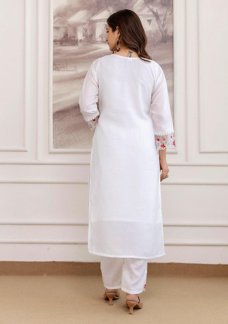 White Embroidered Silk Kurta Set - Indya