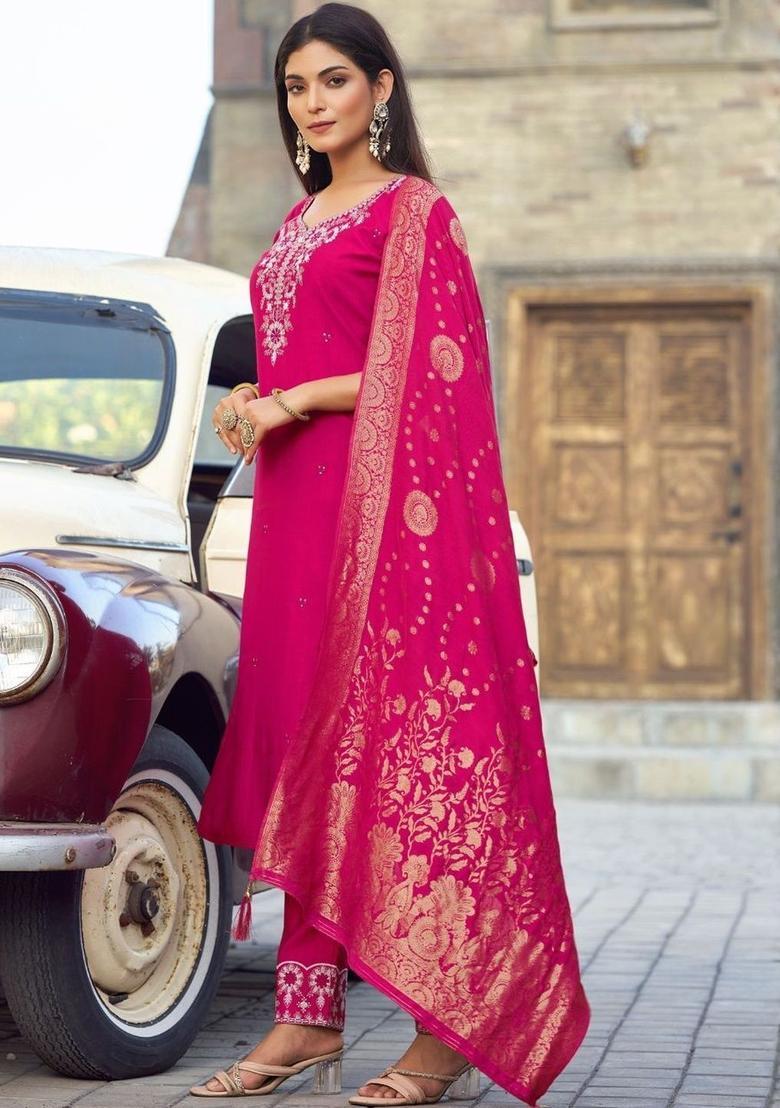 Fuchsia Embroidered Viscose Kurta Set - Indya
