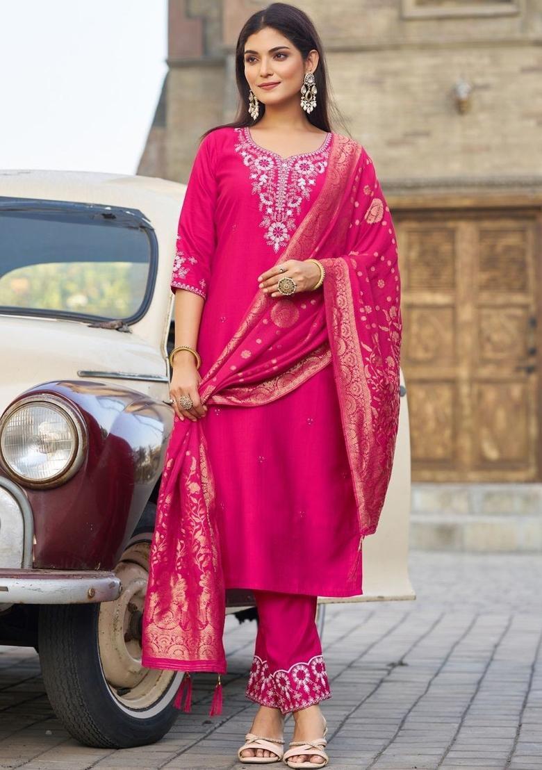 Fuchsia Embroidered Viscose Kurta Set - Indya