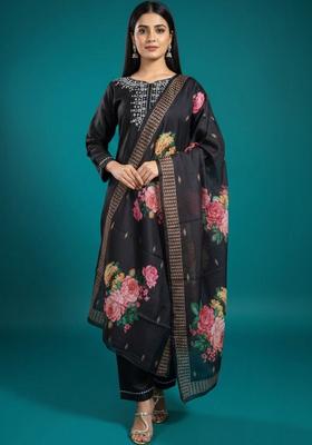 Black Embroidered Viscose Kurta Set