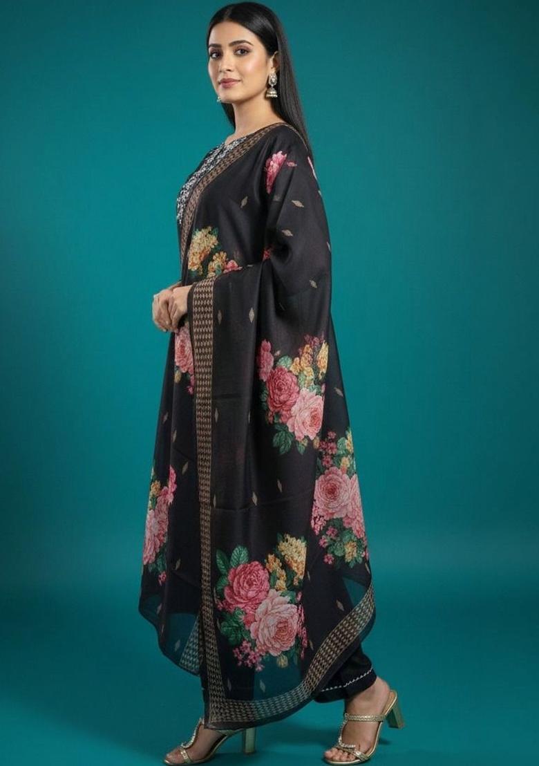 Black Embroidered Viscose Kurta Set - Indya