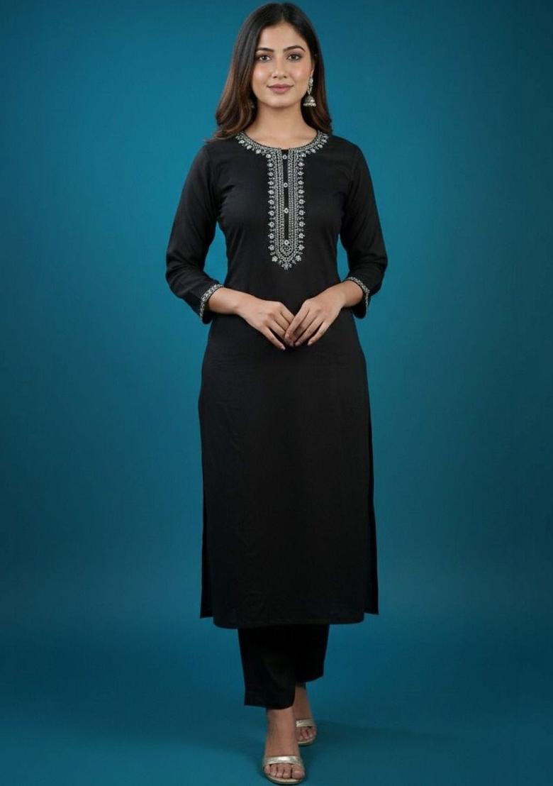 Black Embroidered Viscose Kurta Set - Indya