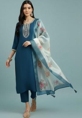 Teal Embroidered Viscose Kurta Set