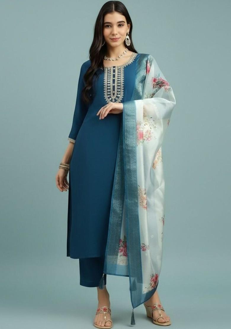 Teal Embroidered Viscose Kurta Set - Indya