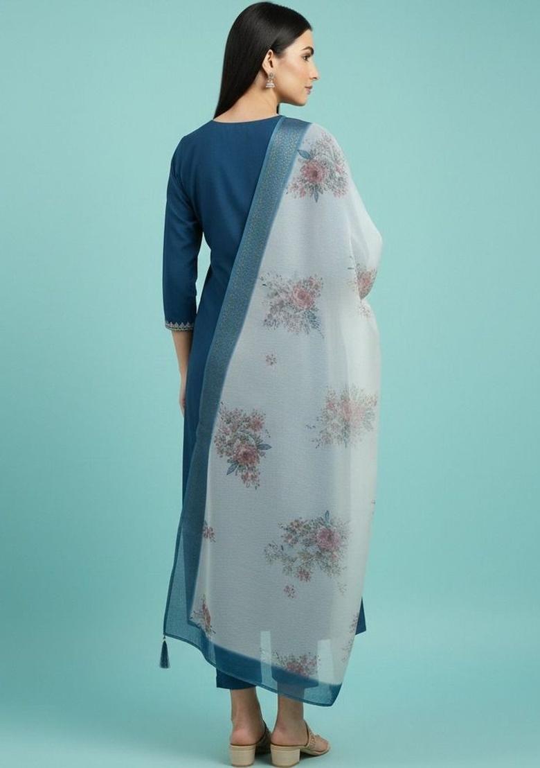 Teal Embroidered Viscose Kurta Set - Indya