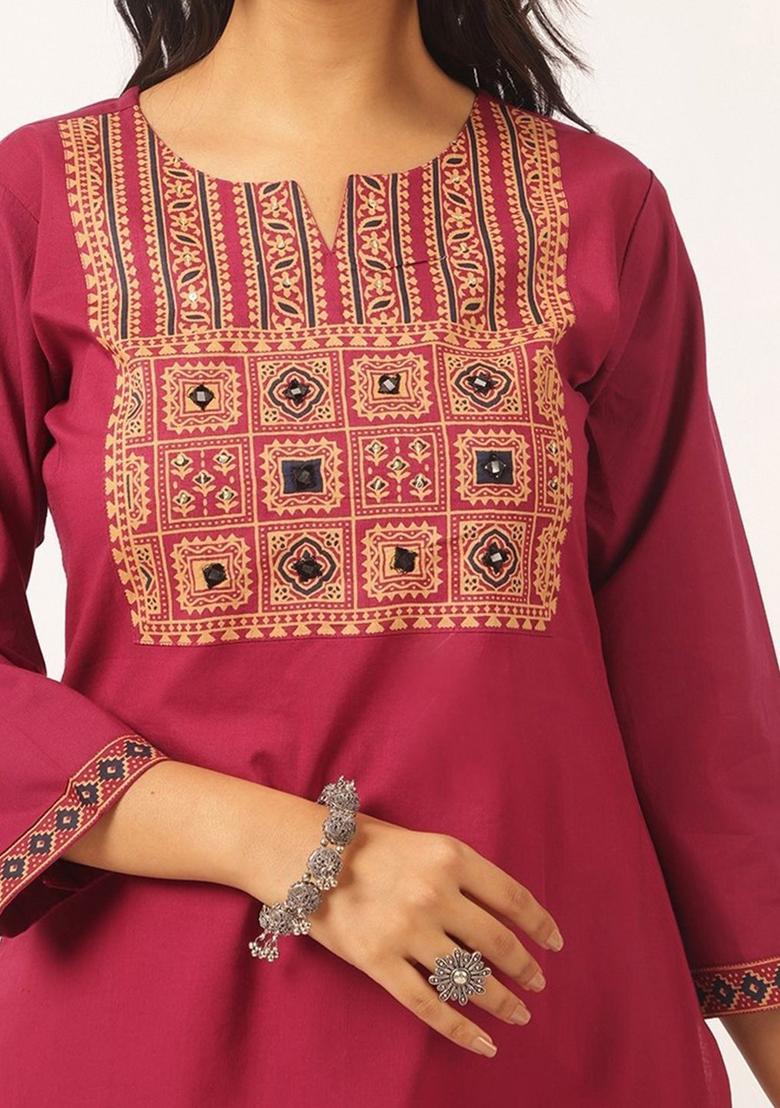 Magenta Solid Cotton Kurta Set - Indya