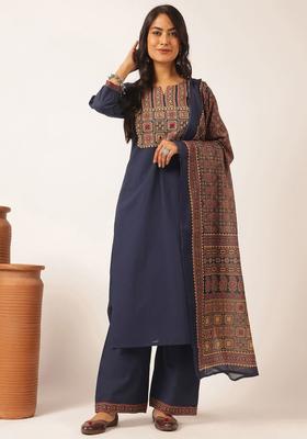 Navy Blue Printed Cotton Kurta Set