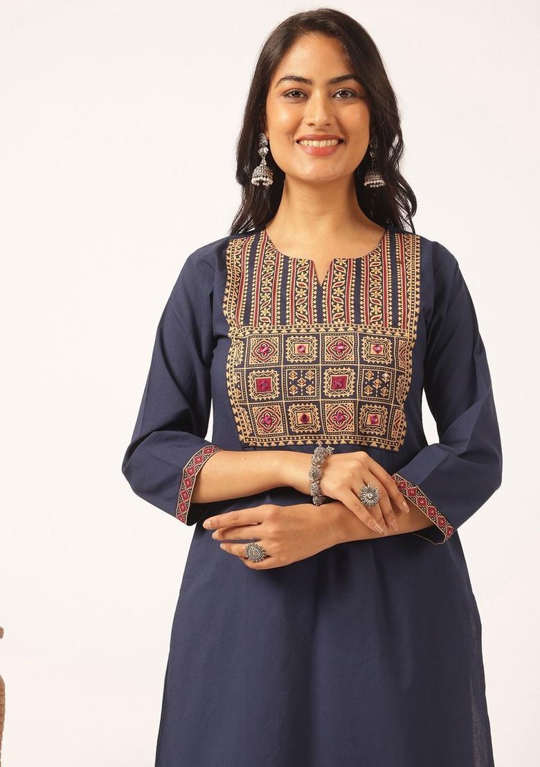 Navy Blue Printed Cotton Kurta Set - Indya