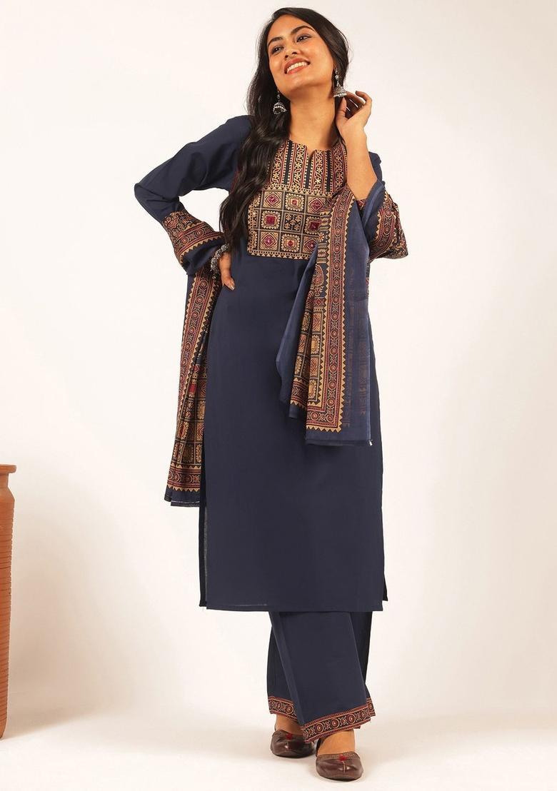Navy Blue Printed Cotton Kurta Set - Indya
